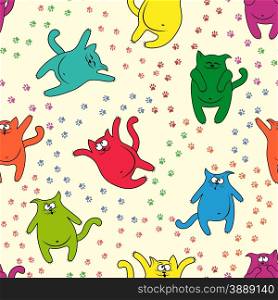 Color funny cats with traces of paws on seamless vector pattern. Seamless pattern with funny cats