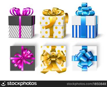 Color gift boxes. Realistic gifting wraps, different satin ribbons and bows and decor, holiday, birthday and christmas objects with top and side view vector set. Color gift boxes. Realistic gifting wraps, different satin ribbons and bows and decor, holiday, birthday and christmas objects. Vector set