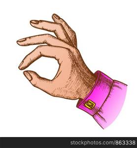 Color Girl Hand Gesture Okay Ok Approval Sign Ink Vector. Woman Arm Finger Gesture Showing Success Solution. Female Wrist Gesturing Successful Signal Designed Closeup Illustration. Color Girl Hand Gesture Okay Ok Approval Sign Ink Vector