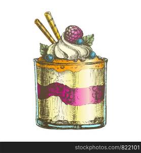 Color Glass Tasty Creamy Sweet Dessert Hand Drawn Vector. Delicious Dessert With Wafer Rolls, Blackberry And Blueberry, Raspberry And Mint Leaves On Cream. Designed Template Illustration. Color Glass Tasty Creamy Sweet Dessert Hand Drawn Vector