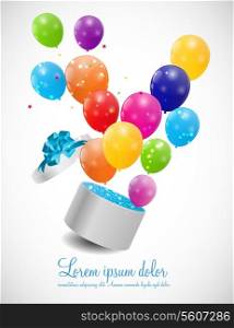 Color Glossy Balloons in Gift Box Background Vector Illustration