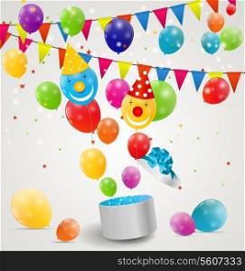 Color Glossy Balloons in Gift Box Background Vector Illustration