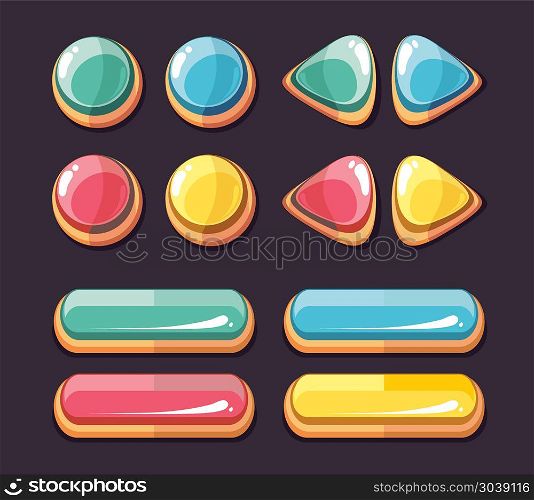Color glossy buttons vector set for computer games user interface. Color glossy buttons round and rectangle. Set of icons for computer games user interface. Vector illustration