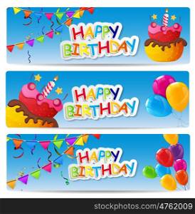 Color Glossy Happy Birthday Balloons and Cake Banner Background Vector Illustration EPS10. Color Glossy Happy Birthday Balloons and Cake Banner Background