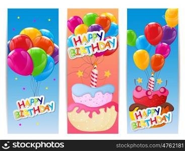 Color Glossy Happy Birthday Balloons and Cake Banner Background Vector Illustration EPS10. Color Glossy Happy Birthday Balloons and Cake Banner Background