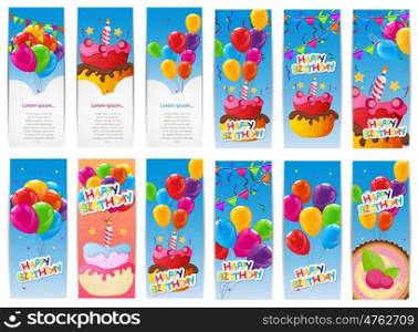 Color Glossy Happy Birthday Balloons and Cake Banner Set Background Vector Illustration EPS10. Color Glossy Happy Birthday Balloons and Cake Banner Set Backgro