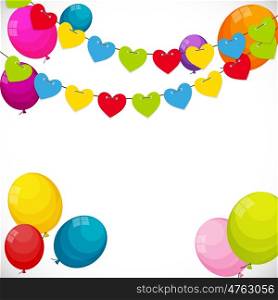 Color Glossy Happy Birthday Balloons Banner Background with Party Flag Garland Vector Illustration EPS10