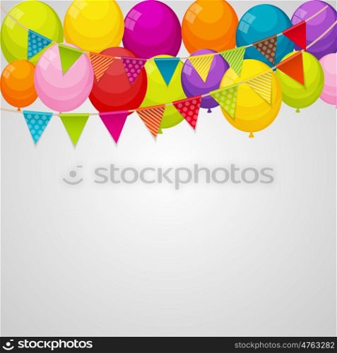 Color Glossy Happy Birthday Balloons Banner Background with Party Flag Garland Vector Illustration EPS10