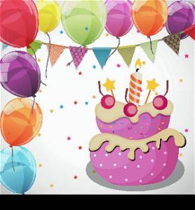 Color Glossy Happy Birthday Balloons, Flags and Cake Banner Background Vector Illustration EPS10