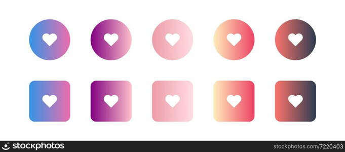 Color gradient design. Heart icon element. Circle button set in vector flat style.