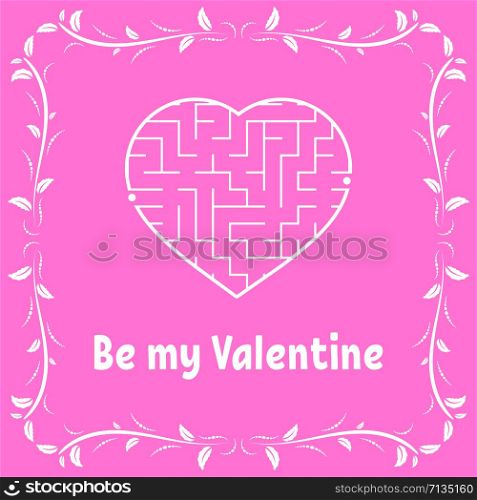 Color greeting card with heart shaped labyrinth. Happy Valentine&rsquo;s Day. Game for kids and adults. Puzzle for children. Maze conundrum. Vector illustration. Vintage frame. Color greeting card with heart shaped labyrinth. Happy Valentine&rsquo;s Day. Game for kids and adults. Puzzle for children. Maze conundrum. Vector illustration. Vintage frame.
