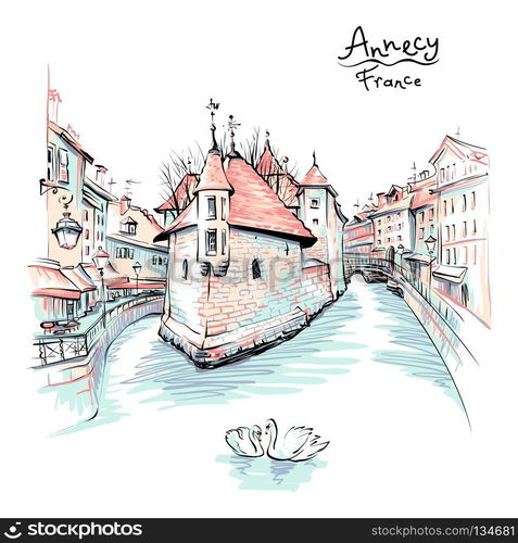 Color hand drawing, city view of the Palais de l’Isle and Thiou river in old city of Annecy, Venice of the Alps, France.. Annecy, Venice of the Alps, France.