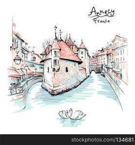 Color hand drawing, city view of the Palais de l’Isle and Thiou river in old city of Annecy, Venice of the Alps, France.. Annecy, Venice of the Alps, France.