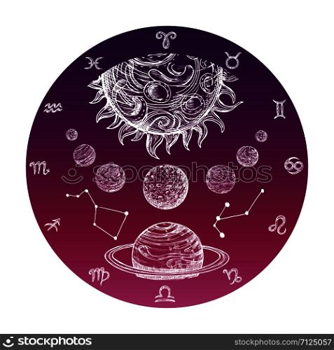 Color hand drawn astrology concept with Zodiac signs and planetary system vector illustration. Astrology and zodiac symbol horoscope. Color hand drawn astrology concept with Zodiac signs and planetary system vector illustration