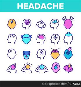 Color Headache Elements Icons Set Vector Thin Line. Migraine Brain, Tension And Cluster Headache Symptom Linear Pictograms. Head Medical Problem Illustrations. Color Headache Elements Icons Set Vector