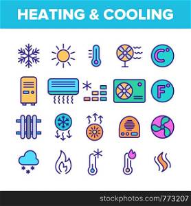 Color Heating And Cooling System Vector Linear Icons Set. Heating And Cooling Air Conditioning Outline Symbols Pack. Temperature Control Equipment. Radiator, Fan, Thermometer Contour Illustrations. Color Heating And Cooling System Vector Linear Icons Set
