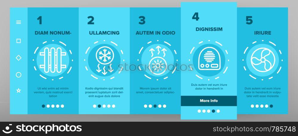 Color Heating And Cooling System Vector Onboarding Mobile App Page Screen. Heating And Cooling Air Conditioning Outline. Temperature Control Equipment. Radiator, Fan, Thermometer Contour Illustrations. Color Heating And Cooling System Vector Onboarding