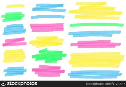 Color highlight marker lines. Colorful markers scribble, highlights line strokes and highlight banner vector set. Freehand multicolor scrawls isolated on white. Text underlining and highlights. Color highlight marker lines. Colorful markers scribble, highlights line strokes and highlight banner vector set. Messy multicolor scrawls isolated on white background. Text underlining and highlights