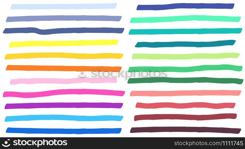 Color highlight marker lines strokes. Colorful highlights, markers stripes and yellow line highlight. Colorful marker sketch, ink brush drawing doodle. Isolated vector signs set. Color highlight marker lines strokes. Colorful highlights, markers stripes and yellow line highlight vector set