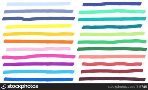Color highlight marker lines strokes. Colorful highlights, markers stripes and yellow line highlight. Colorful marker sketch, ink brush drawing doodle. Isolated vector signs set. Color highlight marker lines strokes. Colorful highlights, markers stripes and yellow line highlight vector set