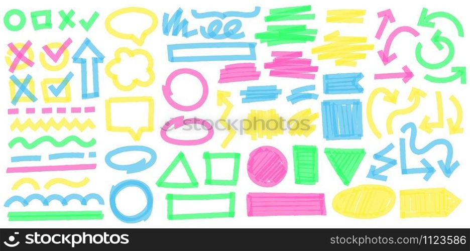 Color highlight marker strokes. Colorful markers cross and tick mark, doodle highlights arrows and marker stroke frames vector set. Multicolor symbols, arrows, speech clouds and geometric shapes. Color highlight marker strokes. Colorful markers cross and tick mark, doodle highlights arrows and marker stroke frames vector set. Multicolor symbols, arrows, speech bubbles and geometric shapes