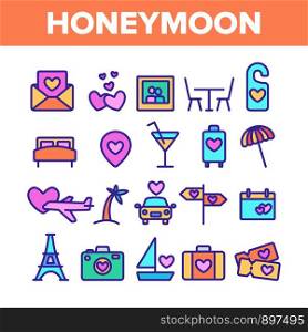 Color Honeymoon Elements Icons Set Vector Thin Line. Baggage And Photo Camera, Air Plane And Car, Tickets And Letter With Invitation Honeymoon Linear Pictograms. Illustrations. Color Honeymoon Elements Icons Set Vector
