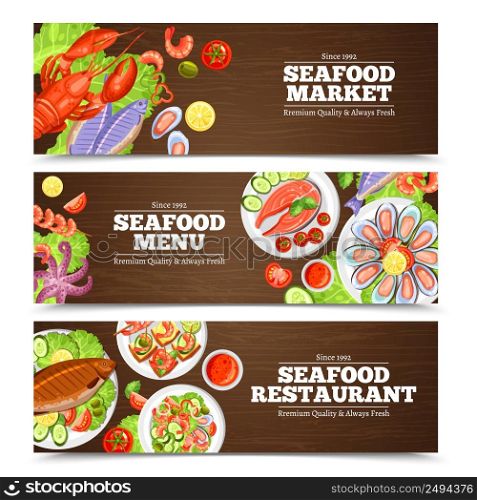 Color horizontal banners with title for seafood market menu or restaurant vector illustration. Seafood Banners Design