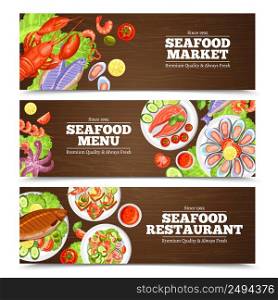 Color horizontal banners with title for seafood market menu or restaurant vector illustration. Seafood Banners Design