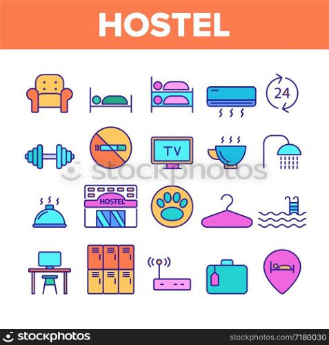 Color Hostel, Tourist Accommodation Vector Linear Icons Set. Hostel Facilities And Services. Outline Cliparts. Hotel Reservation Pictograms Collection. Hospitality Industry Thin Line Illustration. Color Hostel, Tourist Accommodation Vector Linear Icons Set