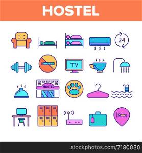 Color Hostel, Tourist Accommodation Vector Linear Icons Set. Hostel Facilities And Services. Outline Cliparts. Hotel Reservation Pictograms Collection. Hospitality Industry Thin Line Illustration. Color Hostel, Tourist Accommodation Vector Linear Icons Set