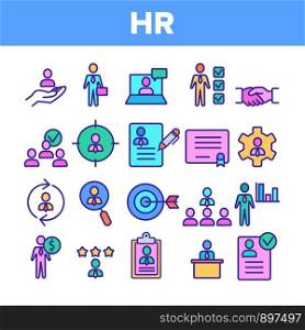 Color HR Human Resources Icons Set Vector Thin Line. Profile And Target With Arrow, Handshake, Character Businessman And Video Conference HR Linear Pictograms. Illustrations. Color HR Human Resources Icons Set Vector