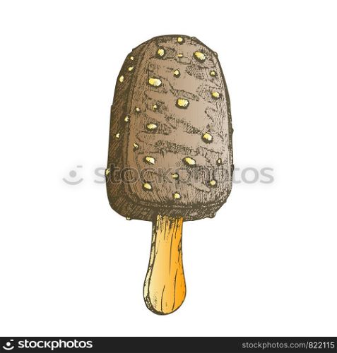 Color Ice Cream Covering Chocolate And Nuts Ink Vector. Creamy Frozen Dessert With Chocolate Glazed And Hazel On Stick Concept. Cold Delicious Product Designed Template Illustration. Color Ice Cream Covering Chocolate And Nuts Ink Vector