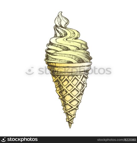 Color Ice Cream In Waffle Cornet Snow Cone Ink Vector. Whipped Milk Cold Gelato Sweet Dessert Ice Cream Concept. Refreshing Natural Dairy Tasty Snack Designed Template Illustration. Color Ice Cream In Waffle Cornet Snow Cone Ink Vector