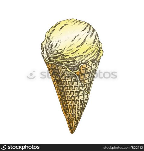 Color Ice Cream Scoop In Waffle Cone Hand Drawn . Delicious Sweet Cool Dessert Ice Cream Gelato Cornet Concept. Refreshing Dairy Soft Tasty Summer Food Designed Template Illustration. Color Ice Cream Scoop In Waffle Cone Hand Drawn