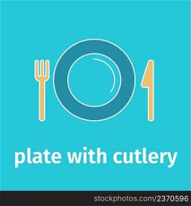 Color icon with cutlery. Table setting flat icon. Plate knife and fork set vector illustration 