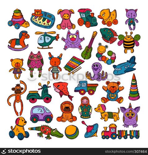 Color icons of children toys. Hand drawn vector illustrations. Doodle set. Colored artwork monkey and dog toys, plane and cat toys for kids. Color icons of children toys. Hand drawn vector illustrations. Doodle set