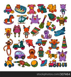 Color icons of children toys. Hand drawn vector illustrations. Doodle set. Colored artwork monkey and dog toys, plane and cat toys for kids. Color icons of children toys. Hand drawn vector illustrations. Doodle set