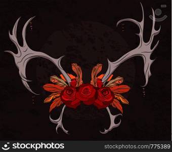 Color illustration deer antlers with roses and feathers. Boho. Vector element for your creativity. Color illustration deer antlers with roses and feathers. Boho.