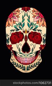 Color illustration of a sugar skull. The holiday of the Day of the Dead. Vector element for tattoo, print for t-shirt, greetong card your creativity. Color illustration of a sugar skull. The holiday of the Day of the Dead.