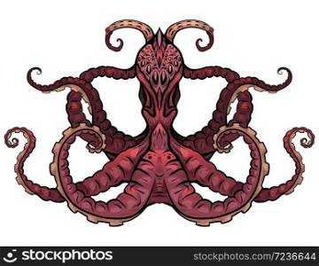 Color illustration of octopus. The object is separate from the background. Illustration for printing on T-shirts, covers, sketches of tattoos and your design.. Color illustration of octopus. The object is separate from the background