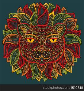 Color image of a lion head on a dark background. Can be used for logo, tattoo, horoscopes, T-shirt graphic, etc.. Vector illustration. Lion.