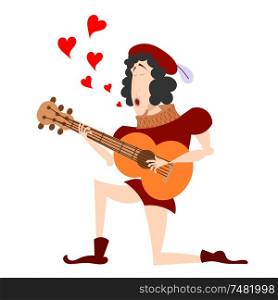Color image of a medieval guitar on one knee. The singer with a guitar serenade. Symbol of love, Valentine&rsquo;s Day. Stock vector illustration