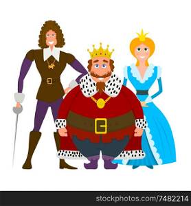 Color image of a royal family on a white background. Flat style king, princess and prince. Vector illustration
