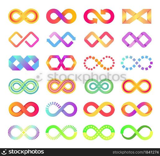 Color infinity icon, infinite loop symbol logo. Colorful endless arrow chains sign, abstract eternity logo, endless cycle icons vector set. Futuristic limitless business emblem or logotype. Color infinity icon, infinite loop symbol logo. Colorful endless arrow chains sign, abstract eternity logo, endless cycle icons vector set