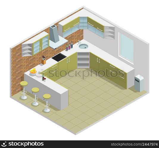 Color isometric design of kitchen with table cupboard vector illustration. Kitchen Interior Isometric Design