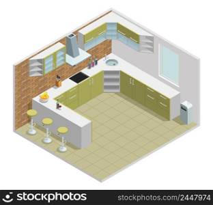 Color isometric design of kitchen with table cupboard vector illustration. Kitchen Interior Isometric Design