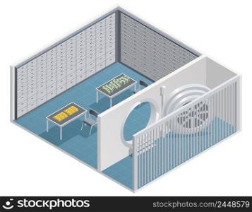 Color isometric design of steel room in the bank vector illustration. Bank Interior Isometric
