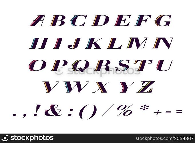 Color italic decor style alphabet set. Vector decorative typography. Decorative typeset style. Latin script for headers. Trendy letters and numbers for graphic posters, banners, invitations texts. Color italic decor style alphabet set