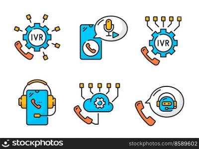 Color IVR icons, interactive voice response application for telephony automated phone call. Vector outline smartphone, phone tube, headphones, gear, microphone and cloud or chatbot linear symbols. Color IVR icons, interactive voice response app
