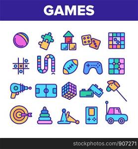 Color Kids Games Vector Thin Line Icons Set. Video Games Controller And Rugby Football Ball, Ray Gun And Car Toy Linear Pictograms. Tetris And Darts Contour Illustrations. Color Kids Games Vector Thin Line Icons Set